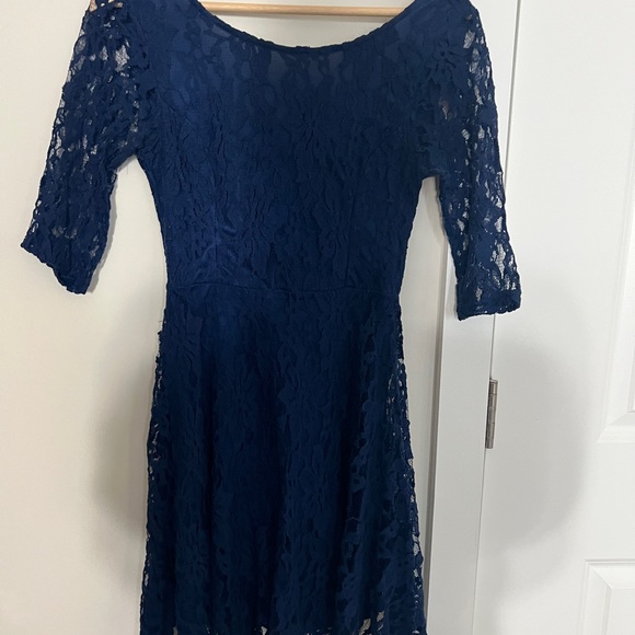 LUSH Navy Blue 3/4 Sleeve Scoop Neck Lined Solid Lace Dress Sz S - Picture 5 of 6
